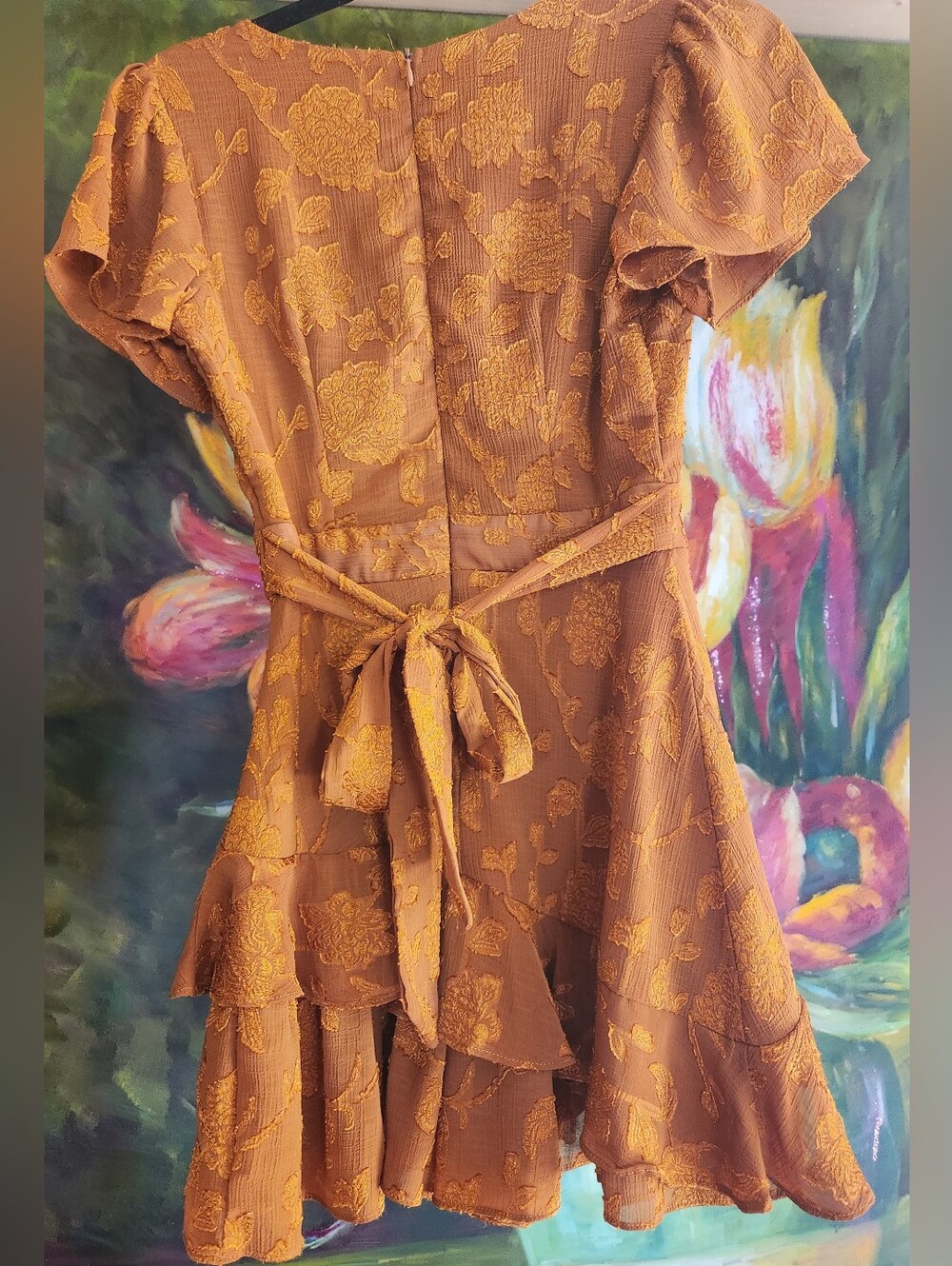 ALLISON & KELLY Copper MUSTARD Rust Floral Wrap Romper Mini SS TIE Zip Dress XSP - Picture 7 of 16